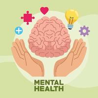 mental health day with hands protecting human brain and set items vector