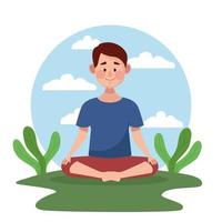 young man in lotus position with leafs scene in the camp vector