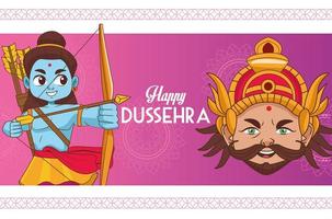 feliz cartel del festival dussehra con personajes azules rama y ravana vector