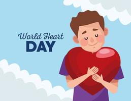 world heart day lettering with man hugging heart vector