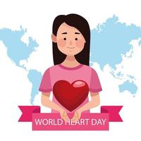 letras del día mundial del corazón con mujer levantando el corazón y el planeta tierra vector