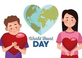 world heart day lettering with couple hugging hearts and heartshaped earth vector