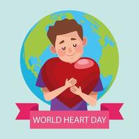 world heart day lettering with man hugging heart and planet vector