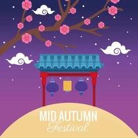 celebración del festival del medio otoño con árbol de flores y linternas colgando en el arco vector