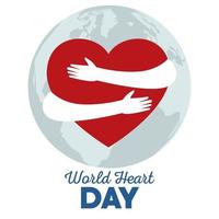 world heart day lettering with hands hugging heart and planet earth vector