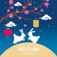 mid autumn festival celebration with flowers tree and rabbits vector