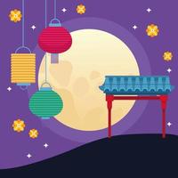 celebración del festival del medio otoño con luna llena y linternas colgando vector