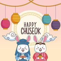 feliz celebración chuseok con pareja de conejos y linternas colgando vector