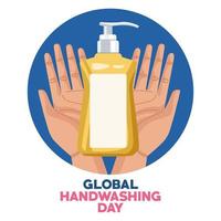 global handwashing day campaign with hands using soap bottle vector