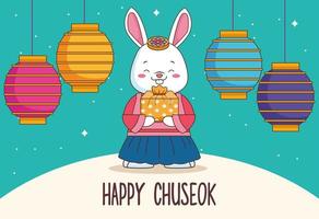 happy chuseok celebration with rabbit lifting gift and lamps hanging vector