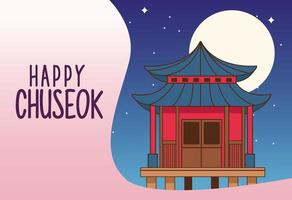 happy chuseok celebration with chinese building and moon vector