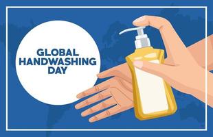 global handwashing day campaign with hands using soap bottle vector