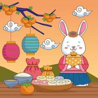 Feliz celebración de chuseok con comida y regalo de elevación de conejo vector