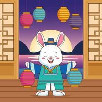 feliz celebración de chuseok con lámparas de elevación de conejo vector