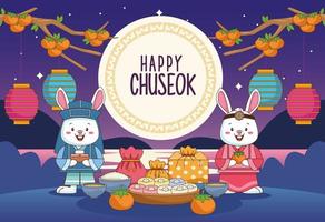 feliz celebración de chuseok con pareja de conejos y escena de comida vector