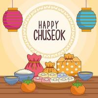 happy chuseok celebration with food and lanterns hanging vector