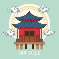 feliz celebración chuseok con edificio chino y nubes vector