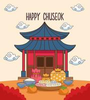 feliz celebración chuseok con edificio chino y comida vector