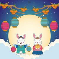 Feliz celebración chuseok con pareja de conejos y linternas colgando en las nubes vector