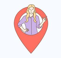 Geolocation gps navigation online map gps pin correct way location address concept Woman girl showing peoples location in current moment on map vector