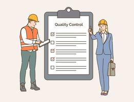 Checklist quality control construction industry concept Team of engineers control and check work together vector