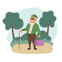 old man with handbag in the landscape active senior character vector