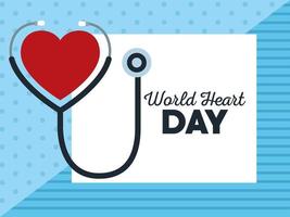 world heart day lettering with stethoscope in square frame blue background vector