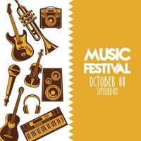 music festival poster with instruments and lettering vector