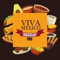 Letras de viva mexico y cartel de comida mexicana con menú en marco cuadrado vector