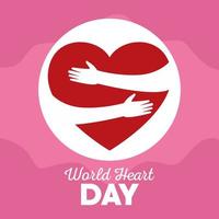 world heart day lettering with hands hugging heart vector