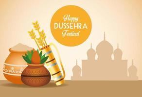 cartel del festival feliz dussehra con bolsa de flechas y olla de cerámica en la mezquita vector