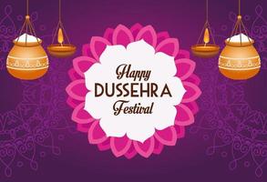 happy dussehra festival poster with ceramic pots hanging and lace decoration vector