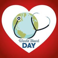 world heart day lettering with stethoscope and earth vector