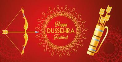 happy dussehra festival poster with arch and arrows bag in red background vector