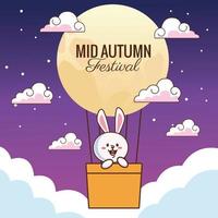 mid autumn celebration card with little rabbit floating in balloon air hot vector