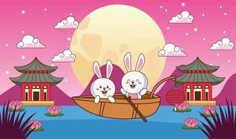 mid autumn celebration card with little rabbits couple in boat floating in the lake vector