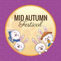 mid autumn celebration card with little rabbits and lettering vector