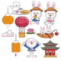 mid autumn celebration card with little rabbits and set icons vector