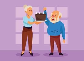 pareja de ancianos con pastel dulce personajes de personas mayores activas vector