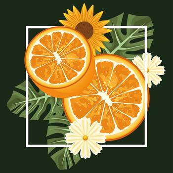 floral background with oranges and flowers in square frame vector