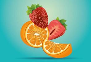 cartel decorativo de frutas cítricas y fresas dulces naranjas vector