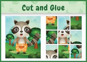 Children board game cut and glue with a cute raccoon using pants vector