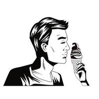 monochrome young man eating ice cream pop art style vector