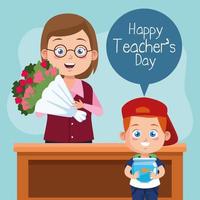 happy teachers day scene with teacher and schoolboy lifting flowers vector