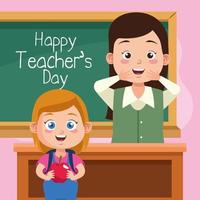 happy teachers day scene with teacher and schoolgirl in classroom vector