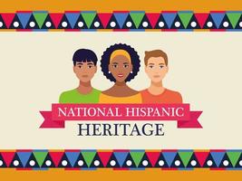 national hispanic heritage celebration lettering with people and ribbon frame vector