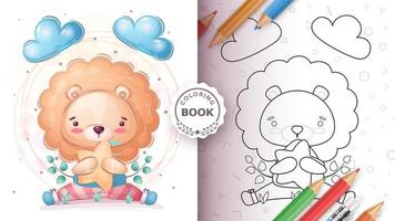 personaje de dibujos animados león con libro para colorear de estrellas vector