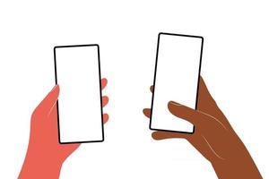 Human hands hold horizontally mobile phone with blank screen vector