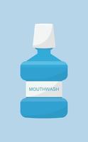 Enjuague bucal para el cuidado bucal y dental aislado sobre fondo azul Ilustración de vector de estilo plano de higiene dental