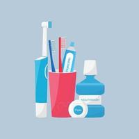 Oral and teeth care Set of dental cleaning tools Toothbrush electric toothbrush and toothpaste mouthwash dental floss isolated Dental hygiene Flat style vector illustration